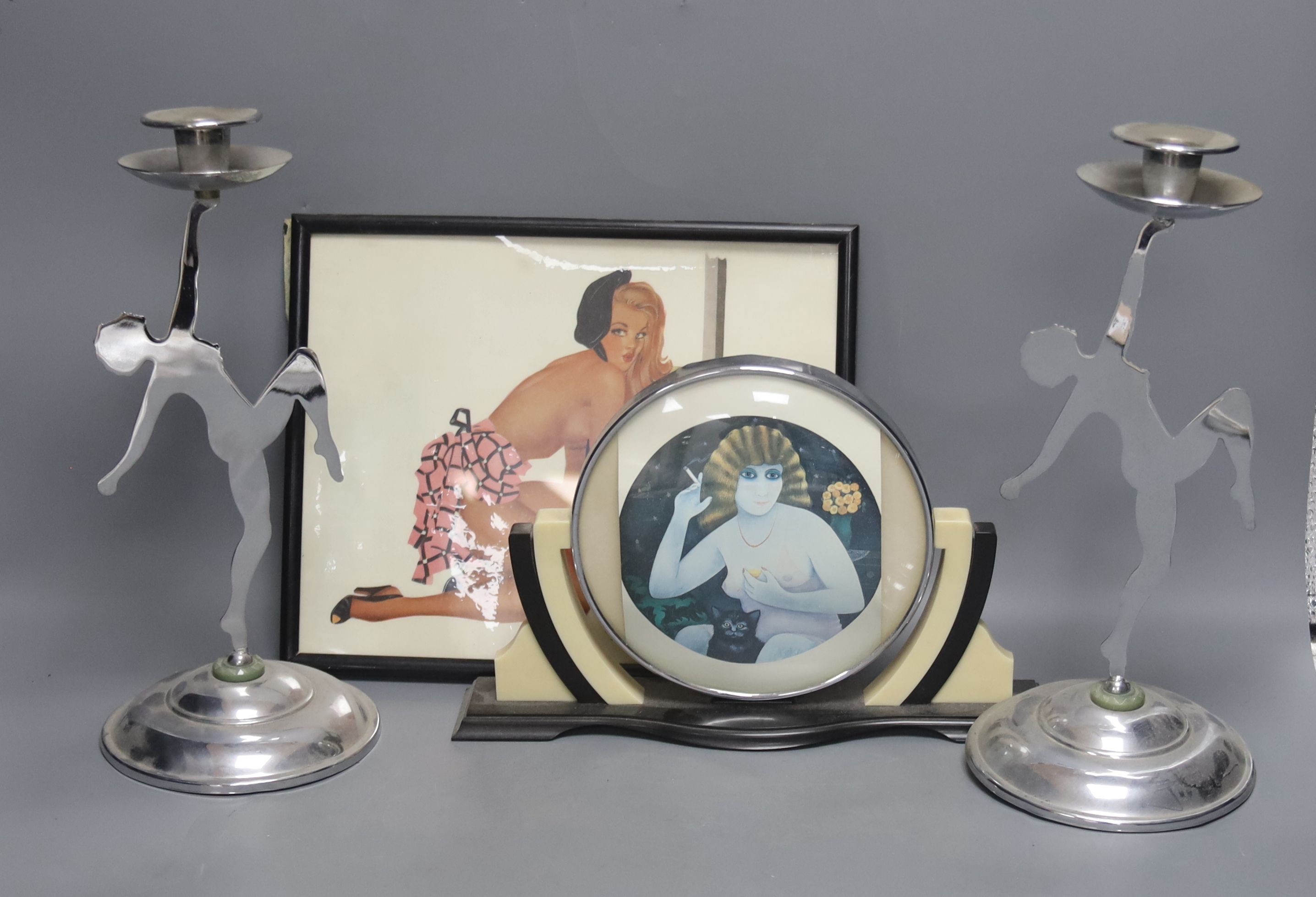 A pair of Deco chromium candlesticks and mantel ornament and framed picture
